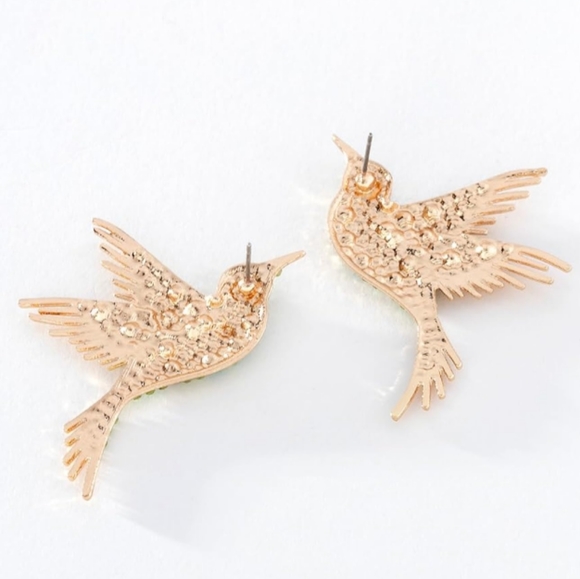 Green Rhinestone Bird Earrings Gold Hummingbird CZ Pave Crystal Birds Post Style - Picture 6 of 9